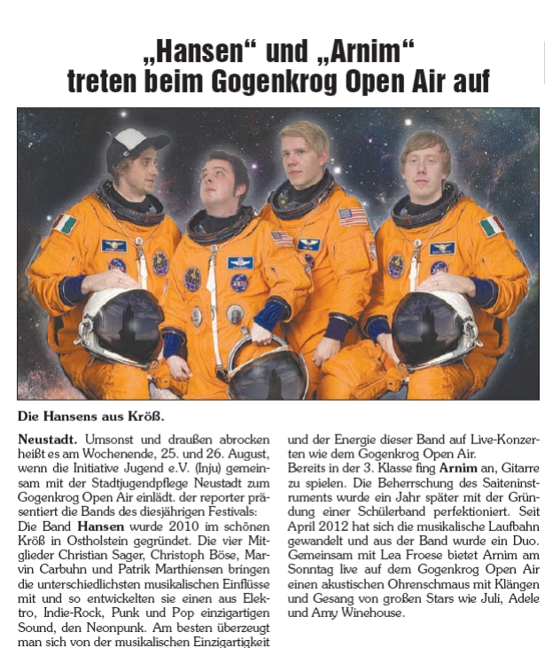 "Hansen" und "Arnim" treten beim Gogenkrog Open Air auf